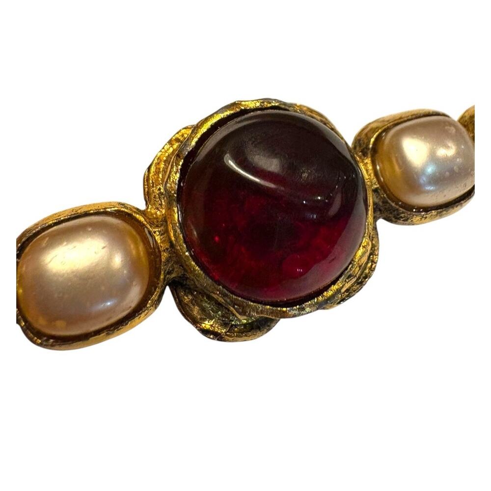 Vintage CHANEL 1986 Gripoix Glass Cabochon Bar Brooch Pearl Green CC Logo - Picture 4 of 14